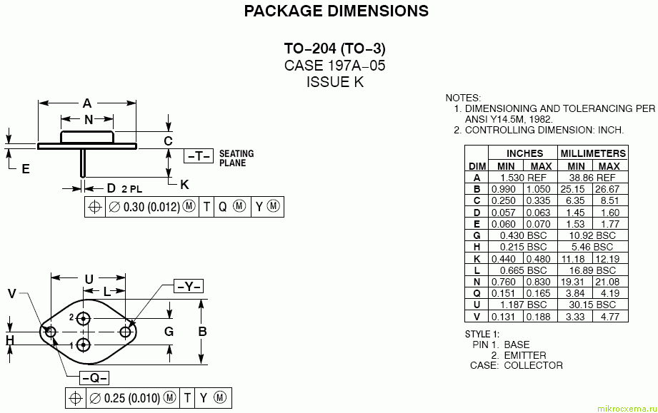 Корпус и размеры составных транзисторов типа MJ11028-MJ11029
