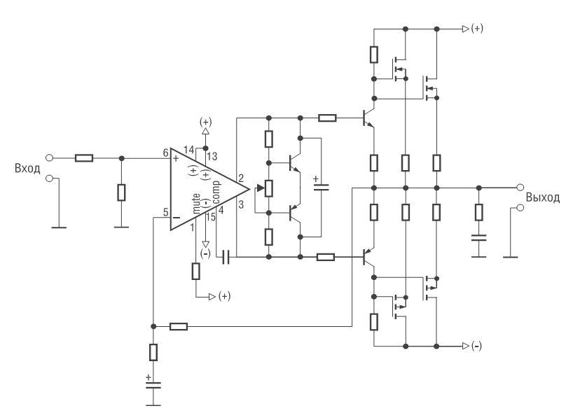 LM4702 - схема усилителя с MOSFET на выходе